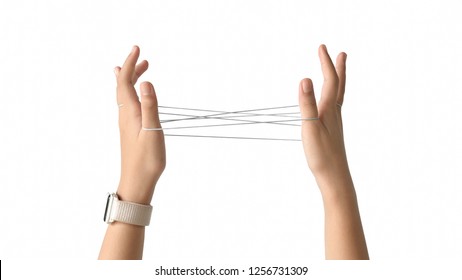 Cropped Shot Of Girl Hands Are Playing Cat's Cradle Game