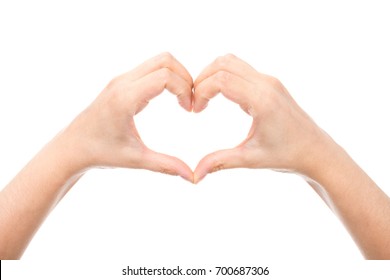 cropped shot of heart mage on hands isolated on white