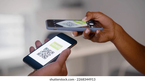 Cropped shot of man scanning digital vaccination certificate of person on smartphone. Close up of African-American hand with cellphone scan vaccinated certificate of caucasian person