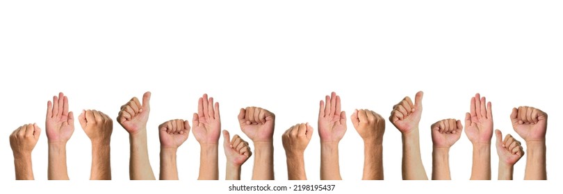 Cropped Shot Of Many Hands Raised Together With Closed Fists, Thumb Up, Open Palm Isolated On White. Multiple Hands Community Raised Up Together To Show Agreement And Support Same Team.