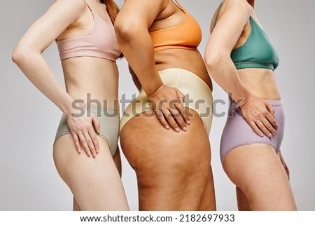 Cropped shot of real women wearing underwear against grey, focus on hips with skin texture
