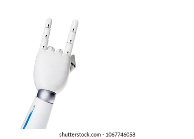 cropped shot of robot showing rock gesture isolated on white - Shutterstock ID 1067746058
