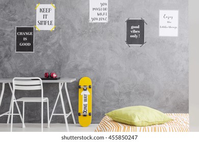 Cropped Shot Of A Teenager Room Interior With A Minimalistic Desk And A Single Bed