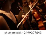 Cropped shot of unrecognizable elegant female violinist holding violin and bow after string quartet performance on stage with warm dim light