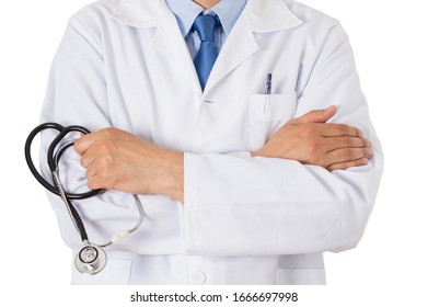 Cropped shot of an unrecognizable male doctor standing with his arms folded isolated on white