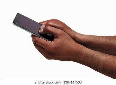 Cropped shot of an unrecognizable man hands writing with his thumbs on a mobile phone isolated on a white background