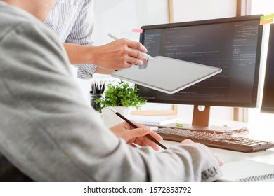 Cropped shot view Developing programming and coding technologies. Website design. Programmer working in a software develop company office. 