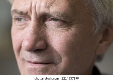 Cropped Shot, Wrinkled Face Of Serious Senior Thoughtful Male Looking Into Distance, Recollect, Memories, Remembers Past Years, Is In Melancholic Or Depressed Mood. Older Man Close Up Portrait View