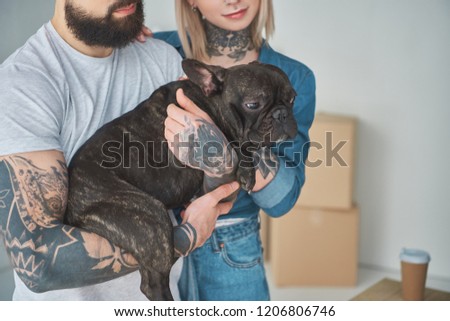 cropped shot of young couple with tattoos holding cute french bulldog in new home