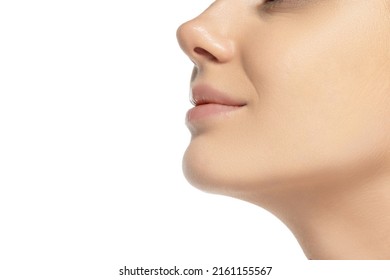 Cropped side view image of female chin, nose and cheeks isolated over white studio background. Lifting effect. Concept of beauty, natural skin, cosmetology, spa, plastic sugery. Copy space for ad - Powered by Shutterstock