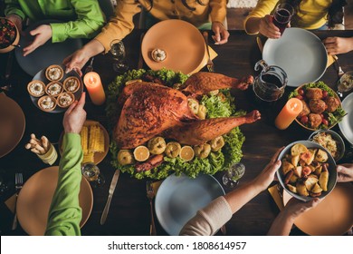 Cropped Top Above High Angle View Of Hands Friends Friendship Family Parents Brother Sister Sitting Around Served Table Eating Tasty Yummy Homemade Natural Dishes November Custom Tradition