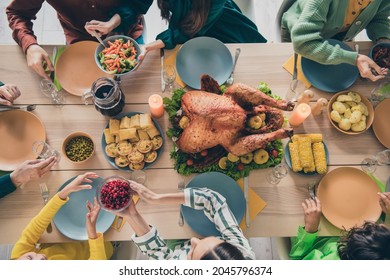 Cropped Top Above High Angle View Portrait Of Adorable Family Served Table Eating Homemade Dish Meat Garnish At Home Indoors