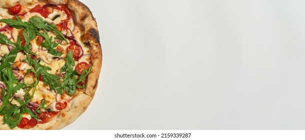 Cropped Top View Of Classic Pizza From Tomato, Cheese, Mushroom And Greens On White Background. Unhealthy Eating And Fast Food. Fresh Baked Tasty And Appetizing Junk Food. Studio Shoot. Copy Space