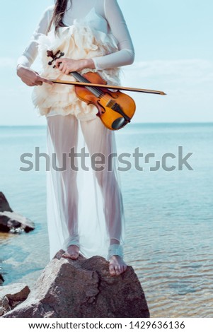 cropped view of adult woman in white swan costume standing on blue river background with violin 
