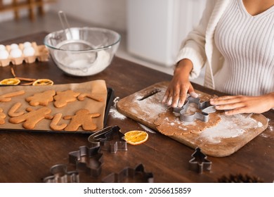 Cropped View Of African American Woman Preparing Christmas Cookies In Kitchen