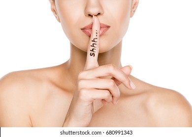 Cropped View Of Beautiful Woman With Shh Symbol, Isolated On White 