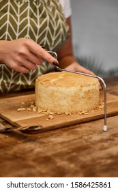 Cropped View Of Confectioner Cutting Cake With Cake Slicer 