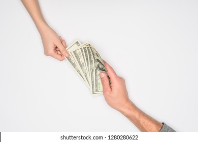 Cropped View Of Couple Sharing Money Isolated On Grey