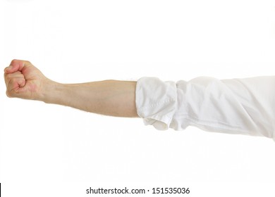 Cropped View Of The Extended Arm Of A Belligerent Man In Shirtsleeves Clenching His Fist In Anger And Frustration Isolated On White