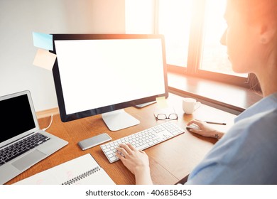 Cropped View Of Female Hands Keyboarding On The Computer At Office Table, Young Office Worker Using Net-book With Blank Copy Space Screen For Your Text Message Or Content. Film Effect, Flare Sun 