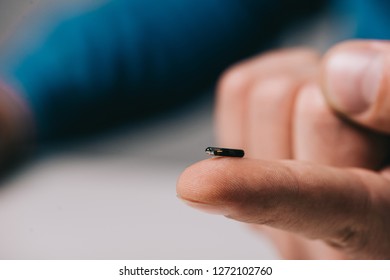 Cropped View Of Man Holding Microchip On Finger