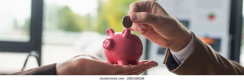 Cropped View Of Man Putting Money Into Moneybox In Hand Of Businesswoman, Anti-corruption Concept, Banner