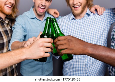 Cropped View Photo Of Four Bottle Ale Man Best Fellows Pals Celebrate Weekend Toast Clink Cheers Isolated Over Gray Color Background