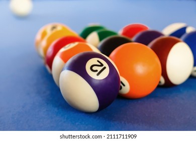 Cropped View Of Racked Pool Balls On A Pool Table. Close Up View, Selected Focus