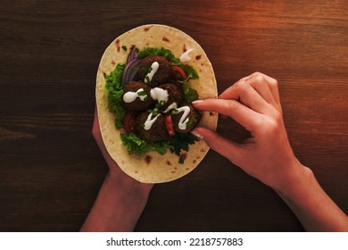 Cropped View Woman Eating Falafel