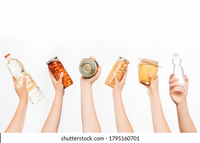 Cropped View Of Woman Hands With Food Isolated On White, Charity Concept