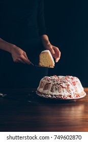 Cropped View Of Woman Holding Piece Of Traditional Christmas Cake