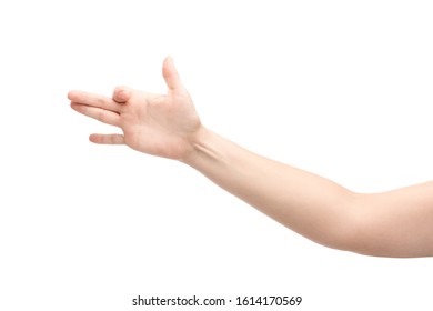 cropped view of woman showing dog head gesture isolated on white