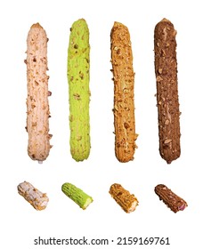 Croquant Choux Stick With Four Tastes On A White Background And A Half Stick To See Inside