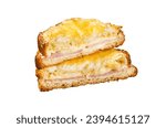 Croque monsieur and croque madame sandwiches with sliced ham, melted emmental cheese and egg, French toasts. Isolated, white background