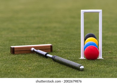 croquet mallet, wicket and colorful balls on a green lawn