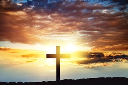 Cross Against The Sky . Dramatic Nature Background . Light From Sky . Religion Background . 