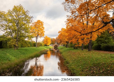 The Cross Bridge in autumn. Golden autumn in Catherine Park, Tsarskoye Selo. Old city park with bright autumn golden maples on a sunny day.  - Shutterstock ID 2365426585