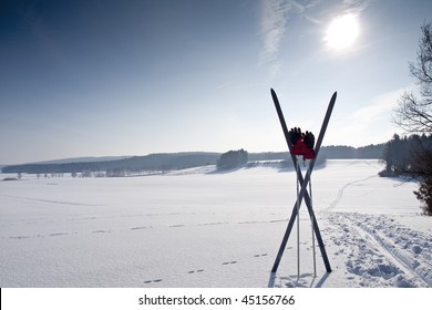 cross country ski trail with ski and chopsticks