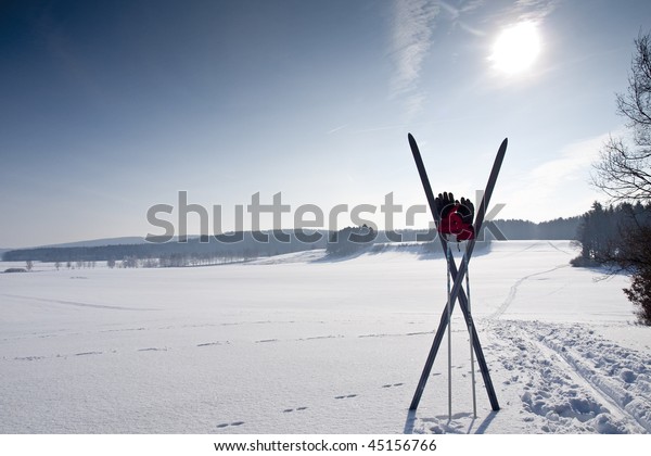 cross country\
ski trail with ski and\
chopsticks