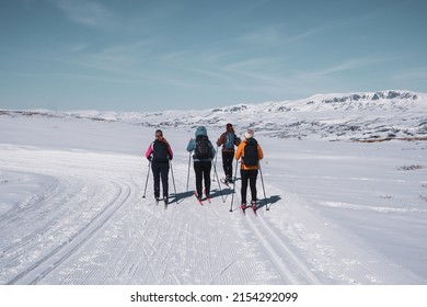 Cross country skiing in the mountains in Norway. Slopes where people ski during Easter and winter break. Photo taken in Hallingdal.
