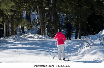 Cross Country Skiing On Trails During Winter, Kids, Child, Adults, And Family