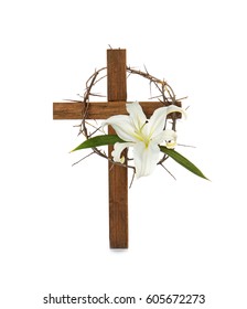 Cross, crown of thorns and Easter white lily on white background