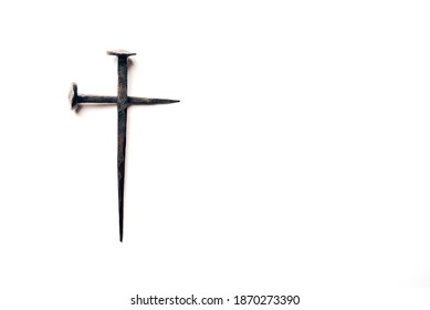 Cross Made With Rusty Nails And Drops Of Blood On White Background. Copy Space. Good Friday, Easter Day. Christian Backdrop. Biblical Faith, Gospel, Salvation Concept. Crucifixion Of Jesus Christ.