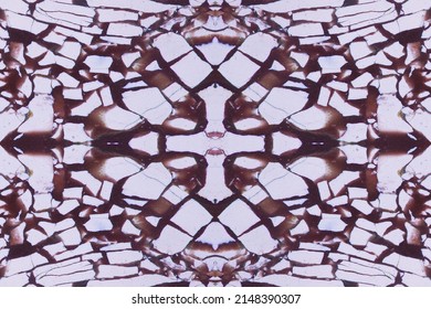 A cross pattern formed by spots and cracksof natural stone brecciated jasper texture. Detail of a polished slice of natural stone jasper. The image with the mirror effect.