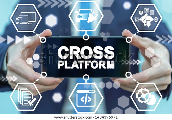 Cross Platform Web Development\
Technology. Man hold smartphone with cross platform text on\
screen.