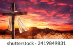Cross With Robe And Crown Of Thorns On Hill At Sunset - Calvary And Resurrection Concept