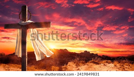 Cross With Robe And Crown Of Thorns On Hill At Sunset - Calvary And Resurrection Concept