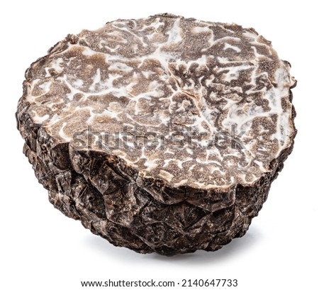 Cross section of black truffle, truffle structure, on white background.