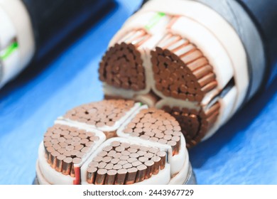 Cross section of high-voltage cable, polymer insulation. Close-up of some high voltage copper cable cross-section. Abstract focus industry concept background.