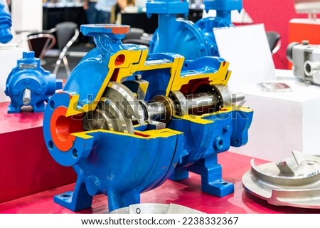 cross section present detail component inside centrifugal pump for industrial such as vane or impeller rotor shaft bearing housing casing etc.